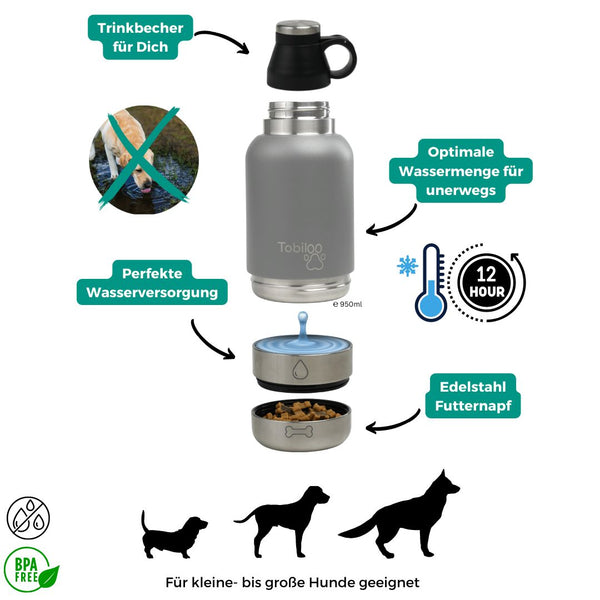 Edelstahl Hundetrinkflasche mit 2 abnehmbaren Näpfen, isoliert und auslaufischer
